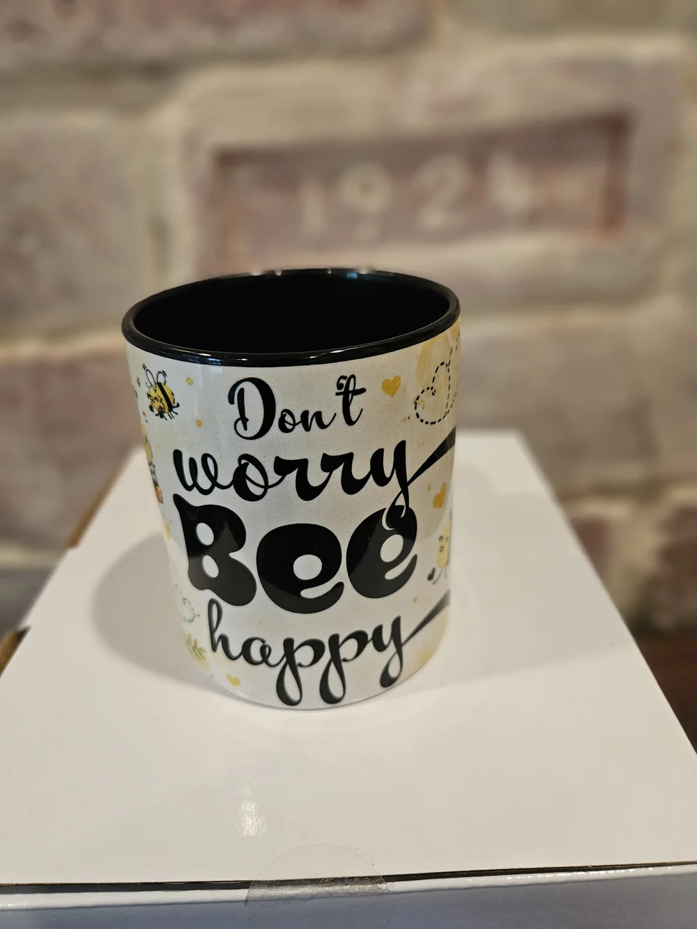 Hand Crafted Don't Worry Bee Happy Mug - Yellow, Black, White